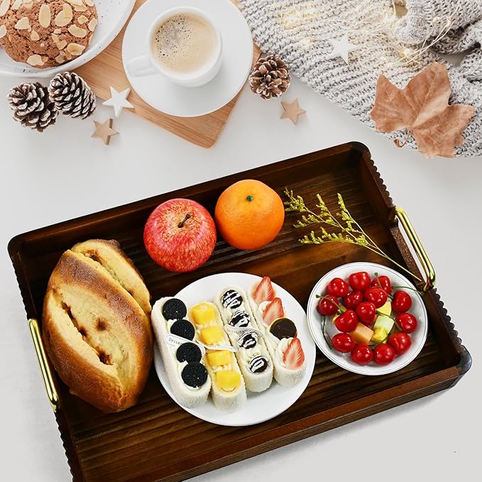 Acacia Wood Serving Tray with Metal Handles – 17x12in Rustic Decorative Ottoman & Coffee Table Tray for Breakfast in Bed, Dinner, Bar, Kitchen, Home Décor & Entertaining