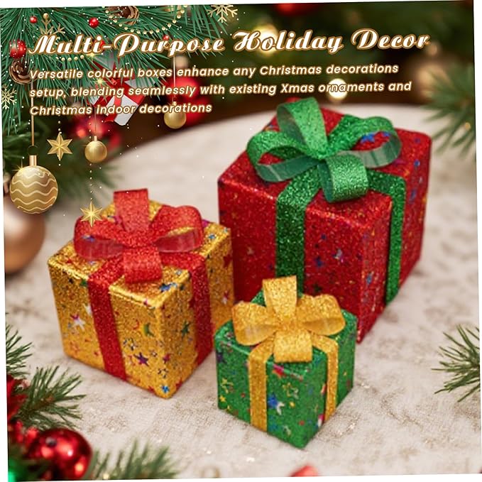 Christmas Lighted Gifting Boxes 3PCS/Set LED Warm White Christmas Decorations Colorful Box Battery Operated for Holiday, Indoor, Yard, Home, Lawn Decor, Decor
