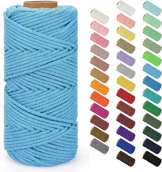 Macrame Cotton Cord 4mm x 109Yards (328Feet), Natural - 4 Strand Twisted Rope for Wall Hanging, Plant Hangers, Crafts, Gift Wrapping & Wedding Decorations, Sky Blue