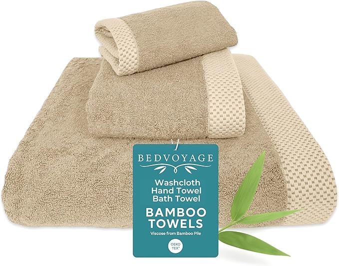 BedVoyage Luxury Bath Towels Set of 3 - Ultra Soft Plush Bathroom Towel Set - Highly Absorbent Viscose from Bamboo Bath Towels Ultra Soft - 3pc Spa Towel for Body - Champagne