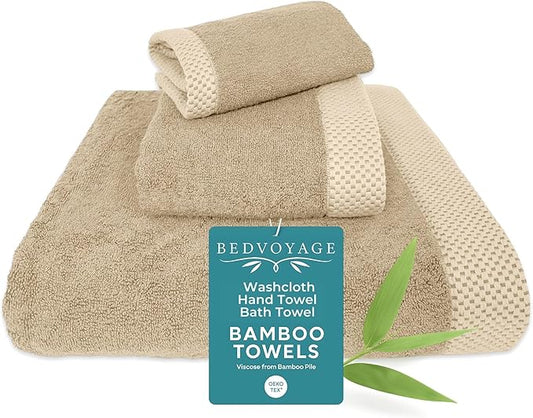 BedVoyage Luxury Bath Towels Set of 3 - Ultra Soft Plush Bathroom Towel Set - Highly Absorbent Viscose from Bamboo Bath Towels Ultra Soft - 3pc Spa Towel for Body - Champagne