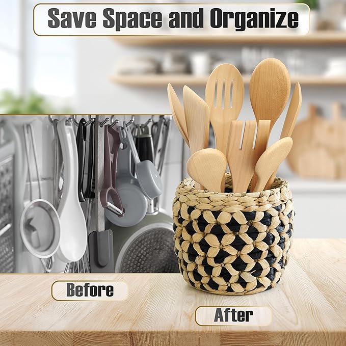 Kitchen Utensil Holder for Countertop – 7.1" Large Utensil Crock for Cooking Tools – Rustic Spatula Holder, Eco-Friendly Utensil Holder Counter – Water Hyacinth Utensils Organizer