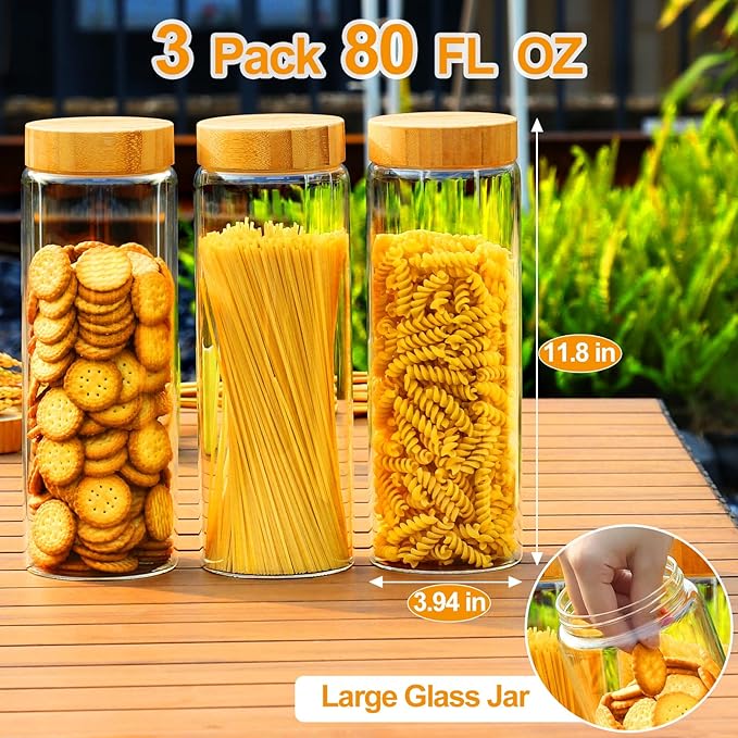 Glass Canisters With Airtight Bamboo Lids - 3 Pack 80oz Cereal Containers, Cookie Jars, Pasta Storage - Screw On Kitchen Jars