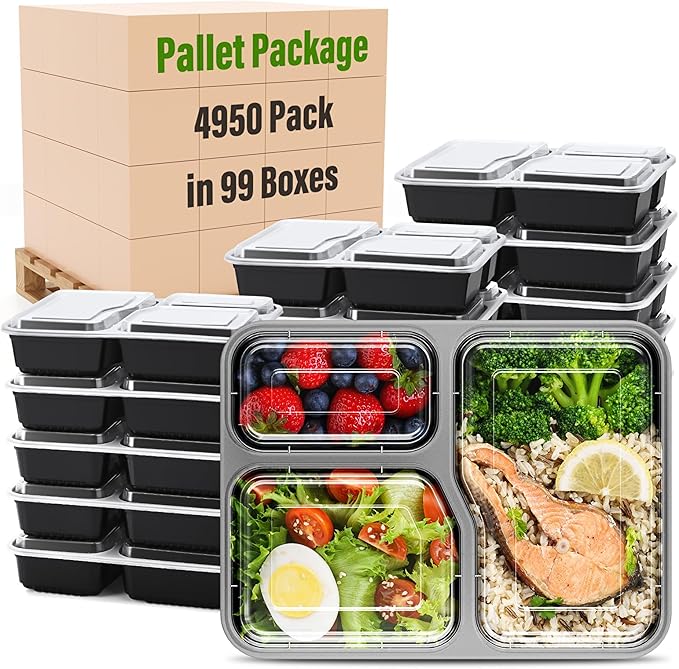 34oz 3-Compartment [1 Pallet-4950 Pack] Meal Prep Containers with Lids, Plastic Food Prep Containers Microwave, Freezer, Dishwasher Safe Leakproof Durable Food Storage Lunch Box To Go Take Out