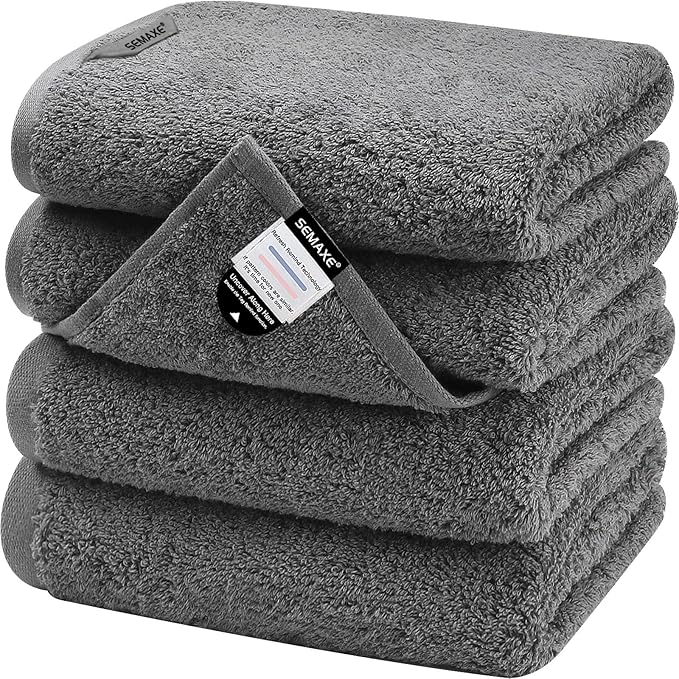 SEMAXE Hand Towel for Bathroom Set, 4 Piece 100% Cotton Gray Towels with Hanging Loops, Hotel Spa Quality Absorbent Towels, 27" L x 16" W, Gift Box Packaged