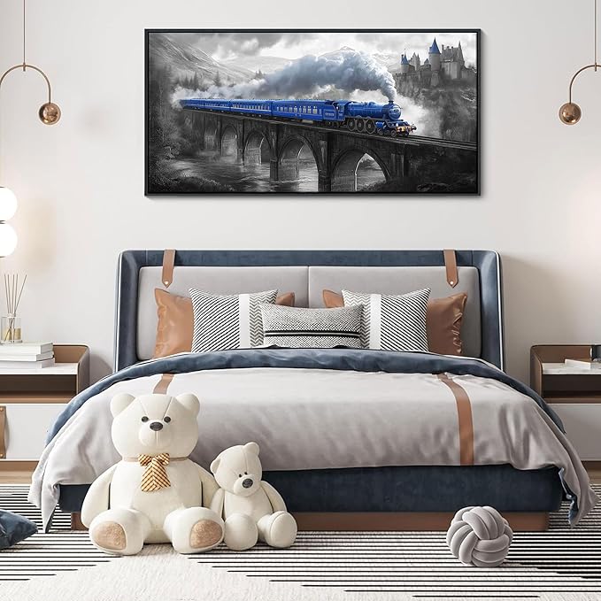JEAWA Framed Canvas Wall Art - 20x40 IN Blue White Gray Landscape Wall Decor, Picture with Castle Bridge Train, Art Prints for Living Room Bedroom Bathroom Home Decoration