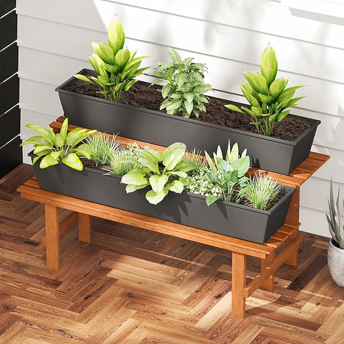 Giantex 2 Tier Wood Plant Stand, Ladder Plant Shelf for Multiple Potted Plants with Teak Oil Finish, Indoor & Outdoor Flower Pot Holder, Corner Display Rack for Balcony, Living Room, Garden