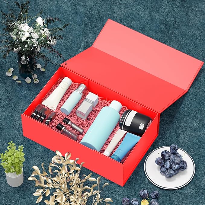 Red Gift Box, 9.5x6x3'' Gift box for Presents with Lids Magnetic Closure Rectangle Collapsible for Bridesmaid Proposal Box, Wedding, Christmas, Halloween, Birthday Gift Packging