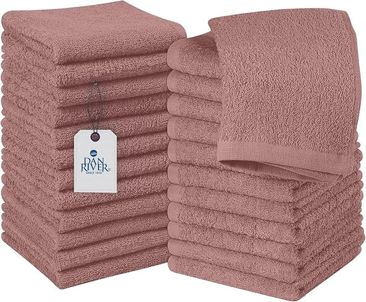 DAN RIVER 100% Cotton Wash Cloths 24 Pack [12x12] Soft & Absorbent face Towel for Showering, Gym, Hotels & Spa Perfect for Everyday Use Fingertip Towels, Dusty Pink