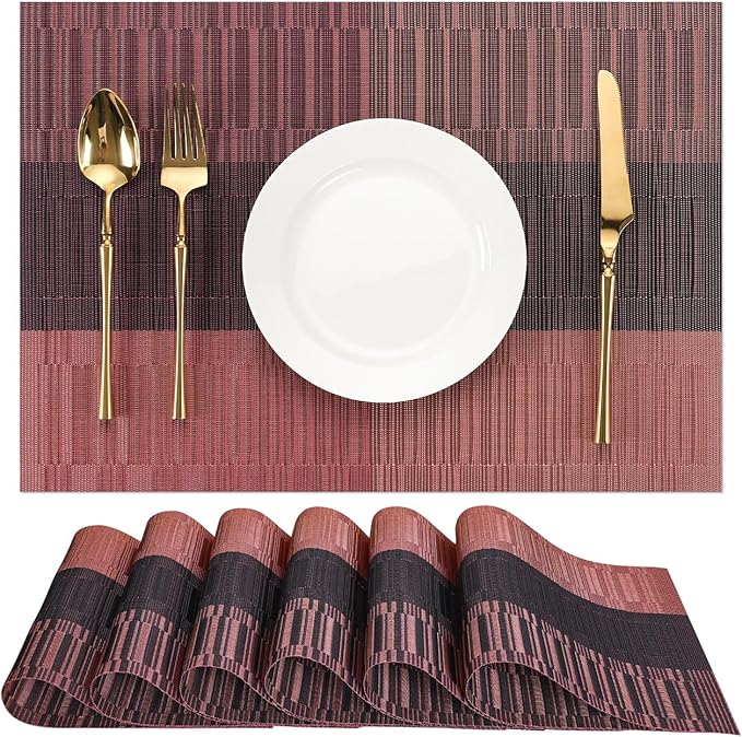 Placemats Set of 6, Vinyl Woven Place Mats Indoor Set of 6 Washable Wipeable PVC Table Mats Heat-Resistant Non Slip Plastic Placemat for Kitchen Dining Outdoor Table (Purple Red, Set of 6)