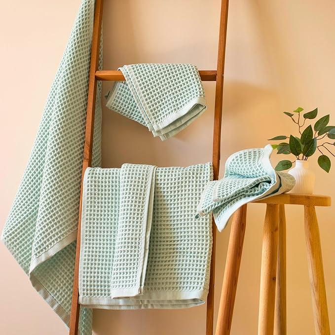 PÜSKÜL - Premium Waffle Towel Set 4 Pieces Ice Green - Organic 100% Turkish Cotton Quick-Dry Towels for Bathroom Made in Turkiye (Ice Green, Towel Set - 2 Hand & 2 Bath Towels)
