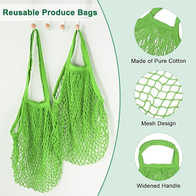 2-Pack Cotton Mesh Bag, Reusable Washable Mesh Net String Grocery Bags, Reusable Produce Bags with Handle, Net Tote Bag for Fruits/Vegetables Shopping [Green, Long&Short Handle]