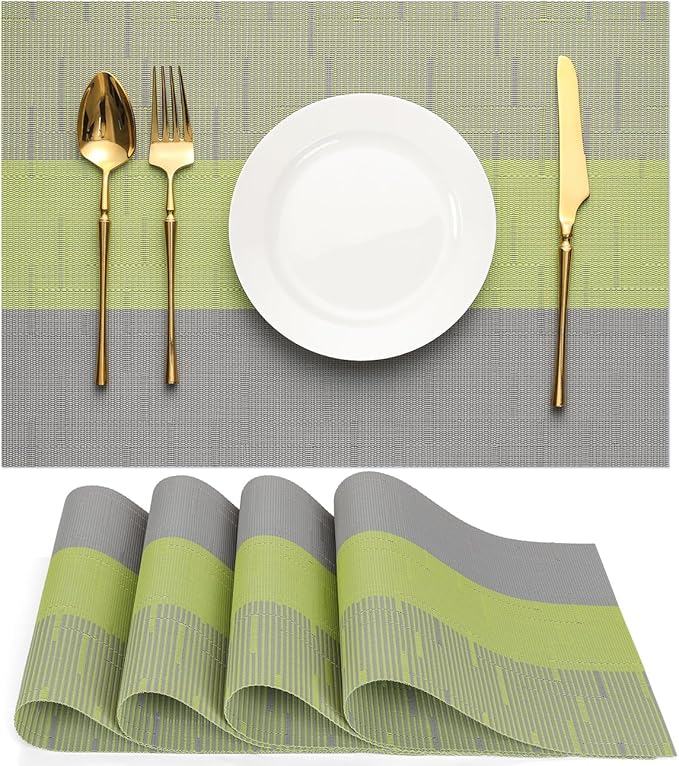 Placemats Set of 4, Vinyl Woven Place Mats Indoor Set of 4 Washable Wipeable PVC Table Mats Heat-Resistant Non Slip Placemat for Kitchen Dining Outdoor Table (Gray Grass Green, Set of 4)