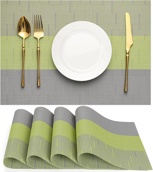 Placemats Set of 4, Vinyl Woven Place Mats Indoor Set of 4 Washable Wipeable PVC Table Mats Heat-Resistant Non Slip Placemat for Kitchen Dining Outdoor Table (Gray Grass Green, Set of 4)