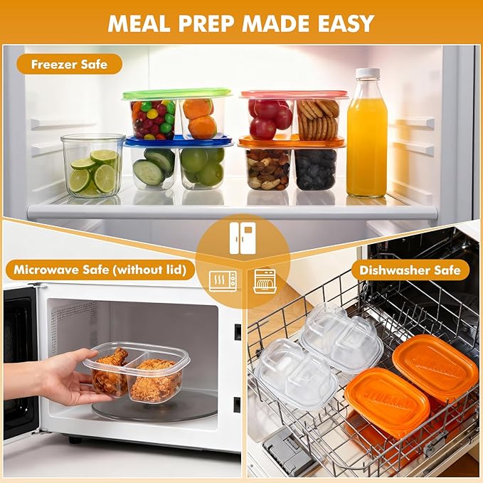 20 Pcs Reusable Snack Containers with Lids, 2-Compartment BPA-Free Portion Control for Bento Box & Meal Prep, On-the-Go for Kids Adults, Refrigerator Safe with 10 Animal Forks (4 Color Lids)