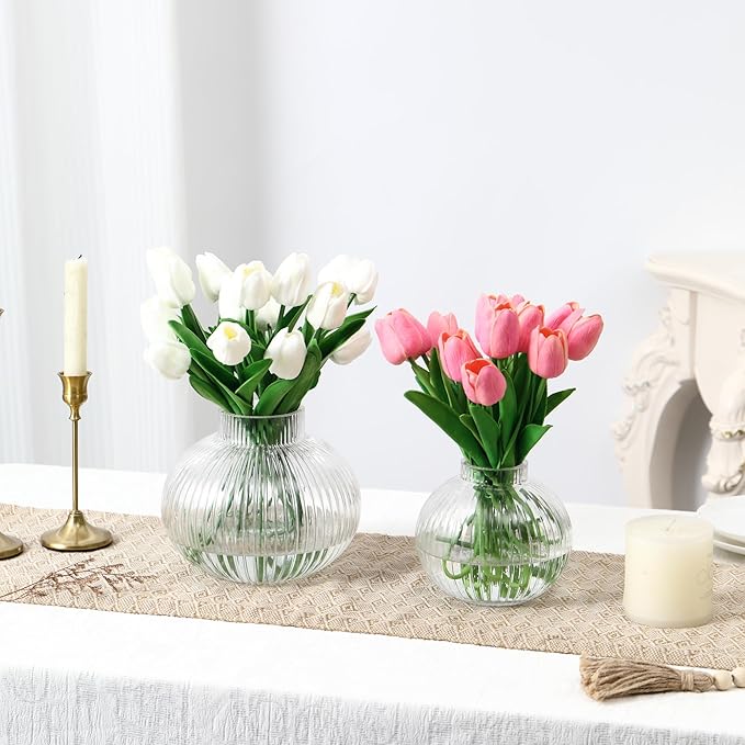 Round Glass Vases Set of 2, Flower Vases for Bouquet, Ribbed Glass Vase for Flowers, Small Clear Vase for Living Room, Office, Coffee Table, Shelf, Wedding