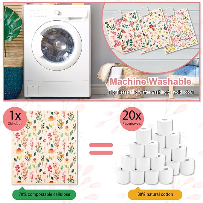 Lucomb 10 Pack Swedish Dishcloths with Hooks, Cellulose Reusable Kitchen Towels Super Absorbent Paper Towels Dish Cloth for Home Kitchen Dishes Cleaning (Quick Drying & Washable Decorative)