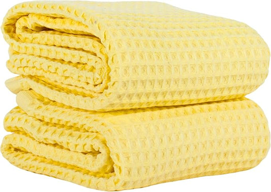 PÜSKÜL Premium Waffle Bath Towels Set of 2 - Organic 100% Turkish Cotton Bath Towel - Quick Dry, Absorbent, Light, Thin, 32x63 Large Waffle Towels for Bathroom (Yellow Bath Towels - Pack of 2)