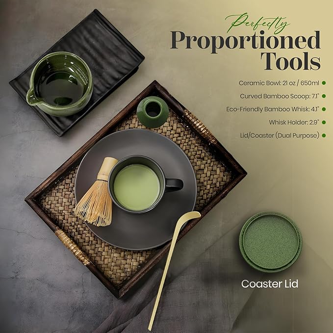 NEXTLUXE Matcha Whisk Set – Traditional Bamboo Chasen with Ceramic Bowl, Matcha Bowl and Whisk Kit - Measurement Lines, Spoon & Lid – Green