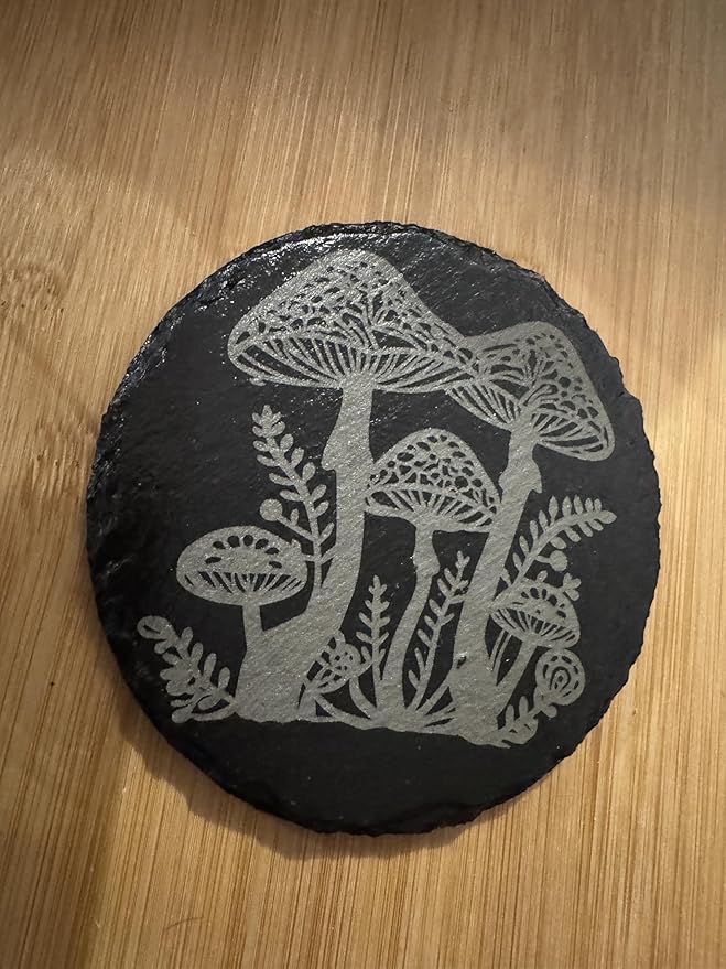 Mushroom Engraved Slate Coaster Set, Natural Stone with Butterfly and Floral Design, Round Shape, Set of 4
