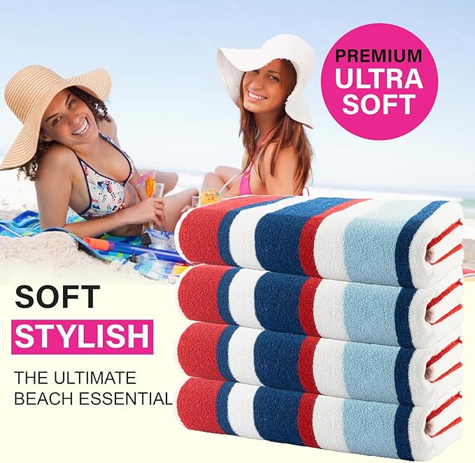 CASA COPENHAGEN Bora Bora Beach Towels Designed in Denmark Rough and Tough, Quick Dry, for Pool, Bath & Shower 30x60 inches 4 Pieces Cotton Beach Bath Towels Set - Red