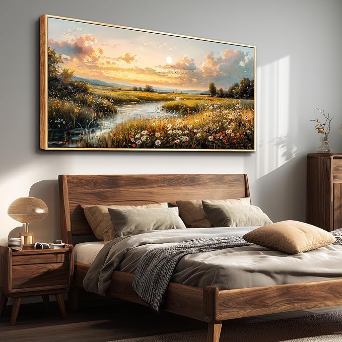 FUHAIHUA Large Wood Framed Wall Decor For Living Room Canvas Wall Art For Office Modern Wall Decorations For Bedroom Sunset Landscape Painting Farmhouse Pictures Artwork Room Home Decor 24x48 In