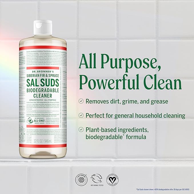 Dr. Bronner's - Sal Suds Biodegradable Cleaner (32oz, 2-Pack) – Concentrated All Purpose Cleaning Solution & Mop Soap, For Floors, Laundry & Dishes – Powerful Formula Made with Plant-Based Surfactants