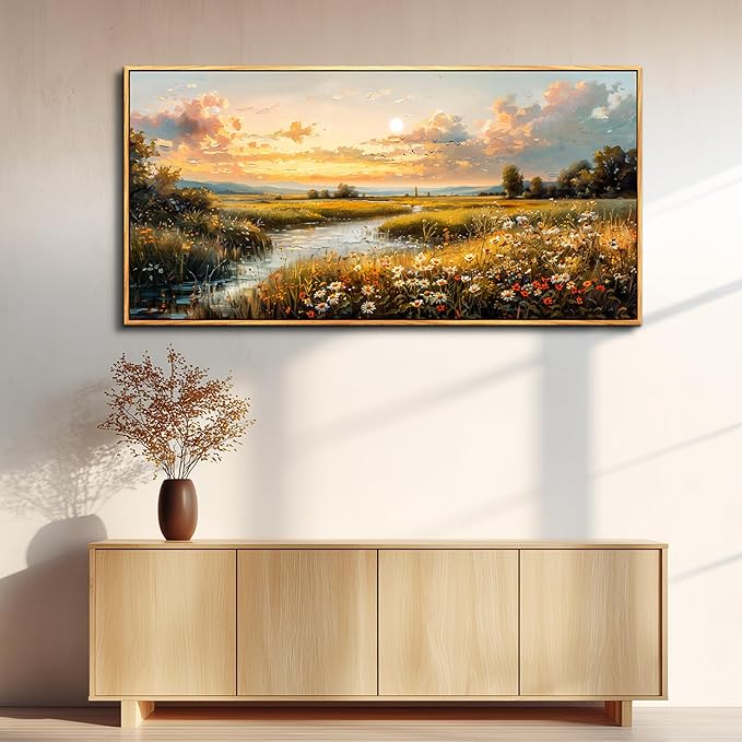 FUHAIHUA Wood Framed Canvas Wall Art For Living Room Wall Decor For Bedroom Office Wall Decoration Sunset Landscape Painting Farmhouse Pictures Artwork Room Aesthetic Home Decor 20x40 In