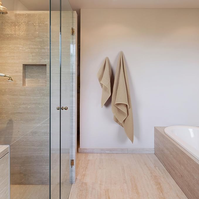 PÜSKÜL - Premium Waffle Towel Set 4 Pieces Natural Raw - Organic 100% Turkish Cotton Quick-Dry Towels for Bathroom Made in Turkiye (Natural Beige, Towel Set - 2 Hand & 2 Bath Towels)