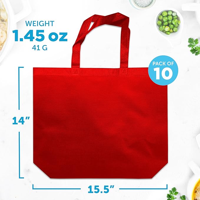 DISCOUNT PROMOS Jumbo Sized Tote Bags Set of 10, Bulk Pack - Reusable Grocery Bags, Shopping Bags, Promotional Item Totes for Women - Red