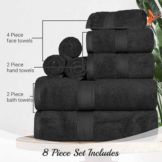 BLUENILEMILLS Madison Egyptian Cotton Towels, Towel Set for Bathroom, Shower, Hotel, Plush, 900 GSM, Highly Absorbent and Ultra-Soft Towels, Bath Essentials, 8 Piece Assorted Towel Set, Black