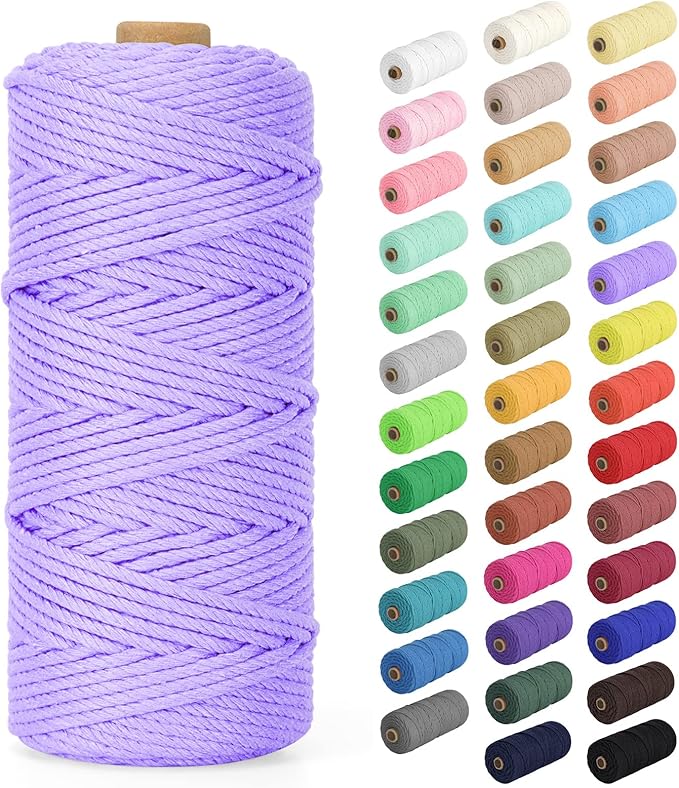 Natural Cotton Macrame Rope - 2mm x 220Yards (656Feet), 2 Strands Twisted Macrame Cotton Cord for Wall Hanging, Plant Hangers, Crafts, Gift Wrapping and Wedding Decorations, Light Purple