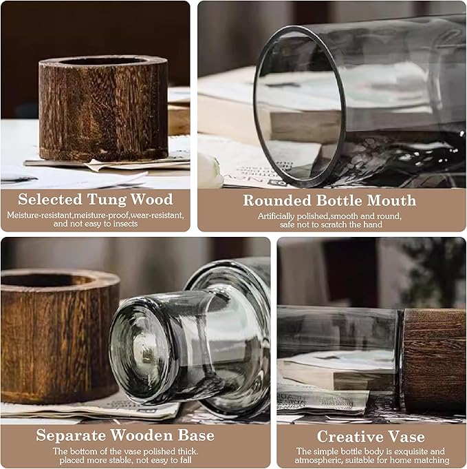 VECELO Artistic Flower vase with Wooden Base, 7" Tall Boho Rustic Cylinder Glass vase for Fresh Flowers, Fireplace Bedroom Kitchen Living Room