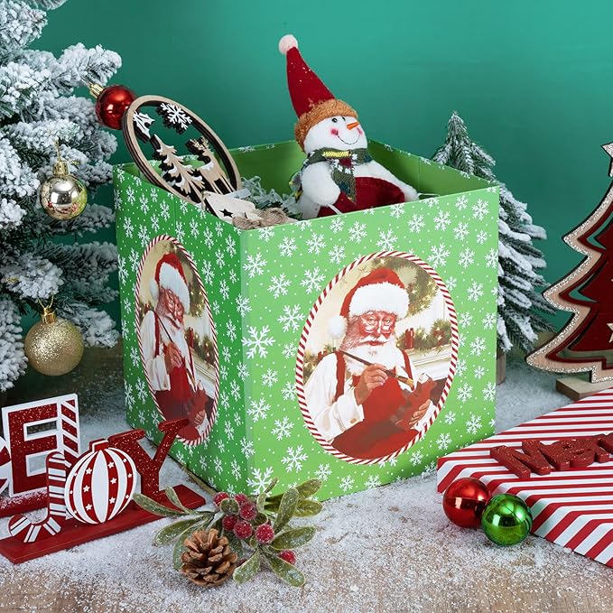 RUSPEPA Christmas Gift Box with Lid, Vintage Classic Santa Claus Painting Design, Medium Collapsible Holiday Present Box with Ribbon, Tissue Paper for Gift Wrap, Candy Storage, 9x9x9 Inches, 1 Pcs
