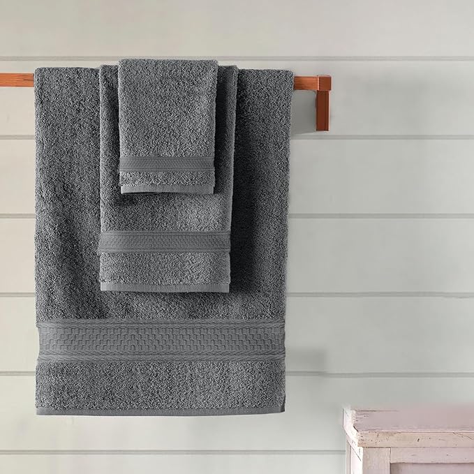DAN RIVER 100% Ring Spun Cotton 3-Piece Towel Set, Grey, Bath Towel, Hand Towel and Washcloths, 550 GSM - Soft, Absorbent Quick Dry Cotton Towels for Bathroom, Spa, and Gym