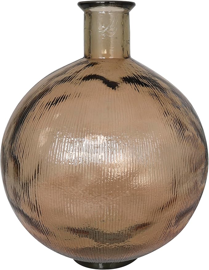 Deco 79 Recycled Glass Handmade Decorative Vase Spanish Bottle Neck Ribbed Centerpiece Vase, Flower Vase for Home Decoration 13" x 13" x 17", Brown