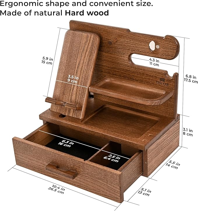 TESLYAR Wood Phone Docking Station with Drawer - Nightstand Organizer - Desk Organizer for Husband - Birthday Gifts for Men, Dad, Anniversary Idea, Key Holder Stand Watch & Accessories (Earth Beige)