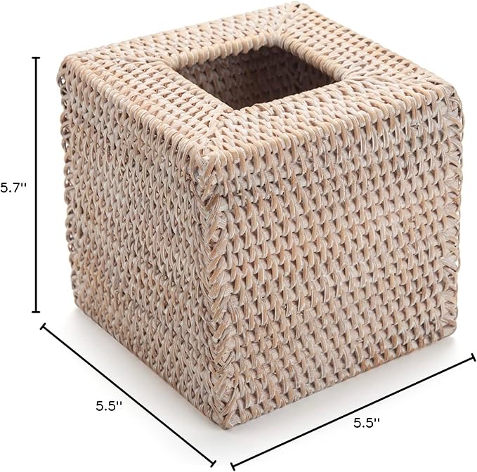 2 Pack Rattan Tissue Box Cover Square, Wicker Tissue Box Holder, Decorative Woven Facial Tissue Holder for Bathroom, Kitchen, Living Room, Bedroom (5.5 x 5.5 x 5.7 inch, Whitewash)