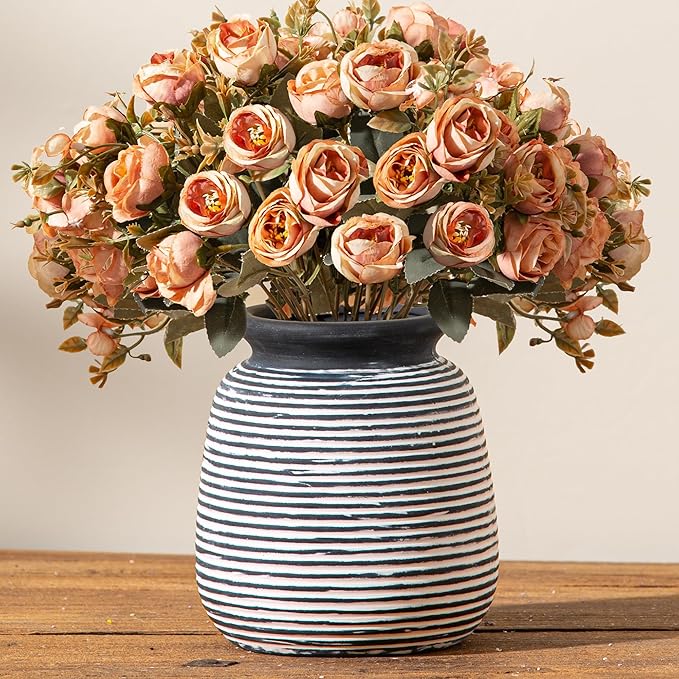 Ceramic Rustic Vase, Small Flower Farmhouse Vases Home Decor, 6“ Short Pottery Decorative Pampas Vase for Table Living Room Entryway Mantel Bookshelf Bedroom Bathroom Kitchen-Black