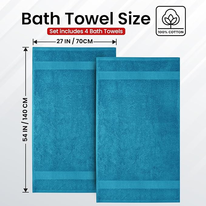 Infinitee Xclusives Luxury 100% Ring-Spun Cotton Bath Towels Set of 4 (27x54 inches) – Soft, Absorbent & Quick-Drying Towels for Bathroom, Gym, Spa & Hotel Use (Serene Teal, Bath Towels)