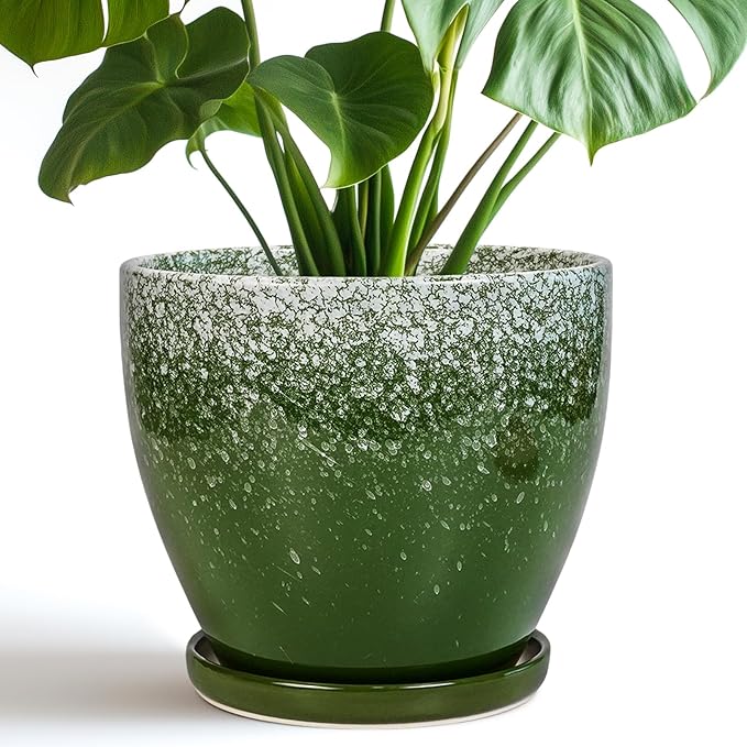 Ceramic Pots for Plants - 8 Inch Planter for Indoor Outdoor Plants, Round Planter, Large Flower Pot with Drainage and Saucer, Home Room Garden Office Decor, Birthday Gifts, Green