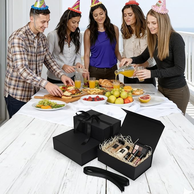 Ditwis 4 Pack 9.5x6x3 Inches Gift Boxes with Magnetic Closure Lids, Black Magnetic Box with Ribbon for Wedding, Groomsmen Bridesmaid Proposal, Birthdays, Mother's Day