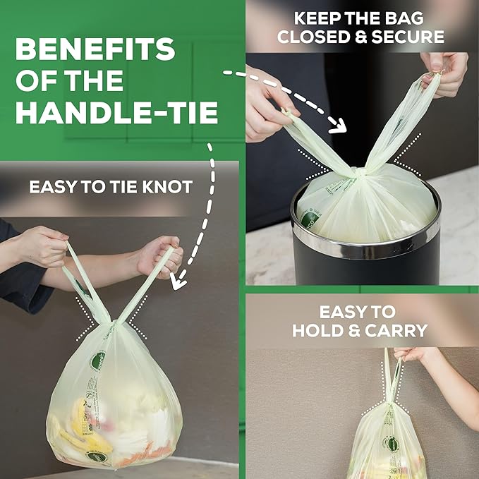 ANECO 4 Gallon Compostable Food Waste Bags with Handles, Extra Thick Compost Bags for Medium Kitchen Garbage/Bathroom Bin, OK Compost HOME & BPI Certified Compostable Bags