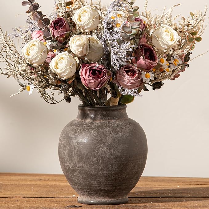 Ceramic Flower Vase, 6 Inch Small Rustic Farmhouse Vase Decorative Vase Short Pottery Vases for Home Decor Table Living Room Entryway Mantel Bookshelf Bedroom Bathroom Kitchen - Brown