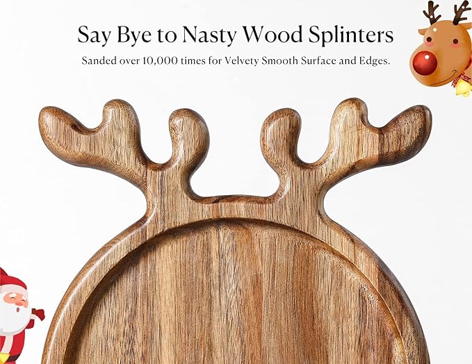Acacia Antler Christmas Serving Platter, 12" x 15" Round Wooden Food Dish, Serving Dishes Charcuterie Board Tray for Cheese Fruit Bread, Christmas Platter for Housewarming Decro Wedding