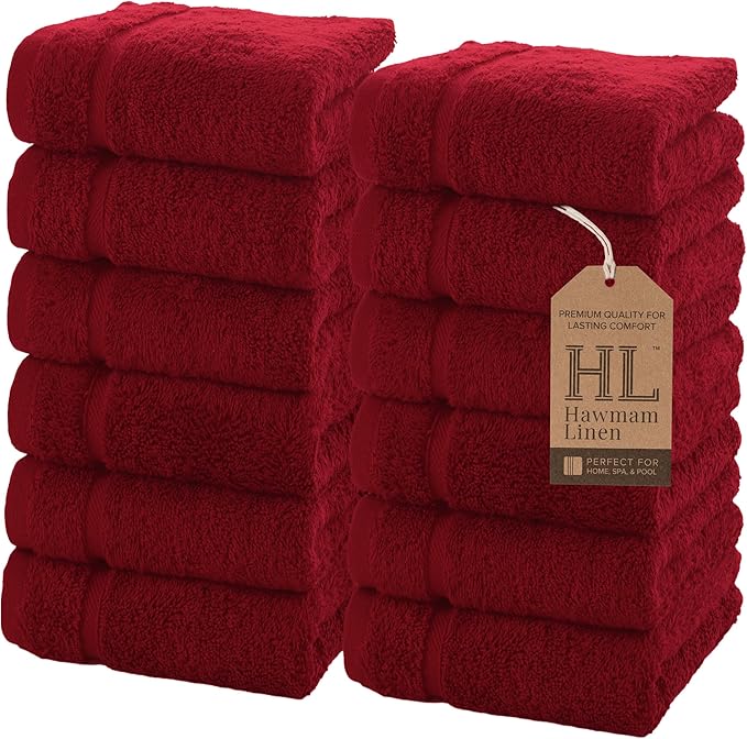 Hawmam Linen Luxury Cotton Washcloths 13x13 Inch - Large Hotel Spa Bathroom Face Towel | 12 Pack | Red