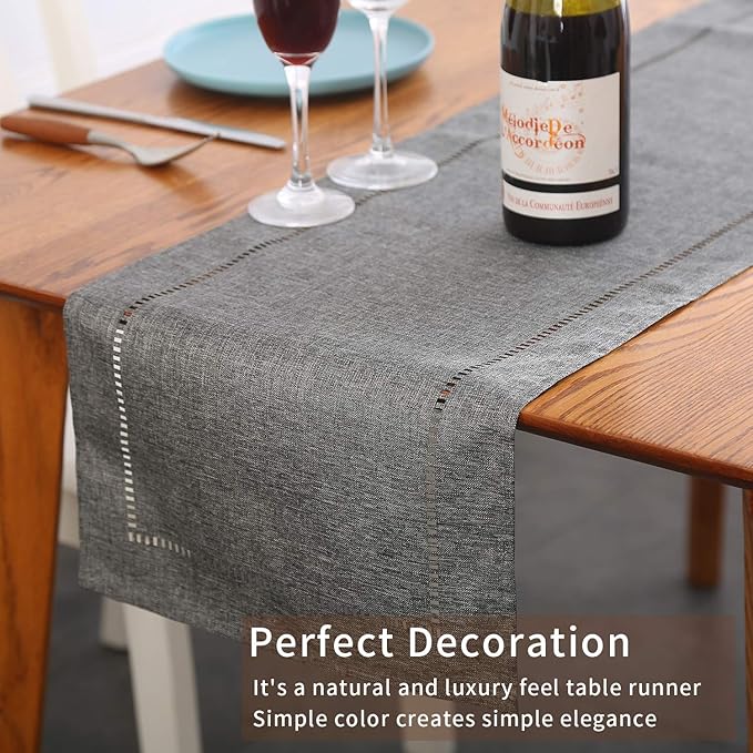 Tosewever Decorative Linen Table Runner Farmhouse Style Tabletop Collection 14 x 108 Inches Table Runners for Everyday Dining Wedding Party Holiday Home Decor (14" x 108", Grey/Straight)