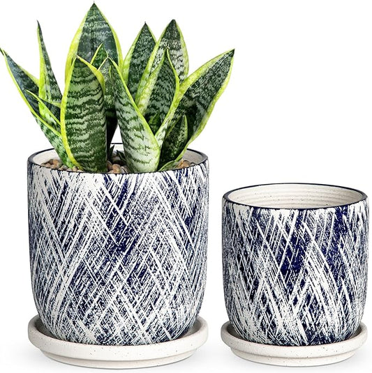 Blue Indoor Plant Pot Set, 5+6inch Ceramic Planter with Drainage Hole and Tray, Succulent Flower Orchid Greenery Planter, Round Plant Pots for Home Desktop Office Windowsill Decoration