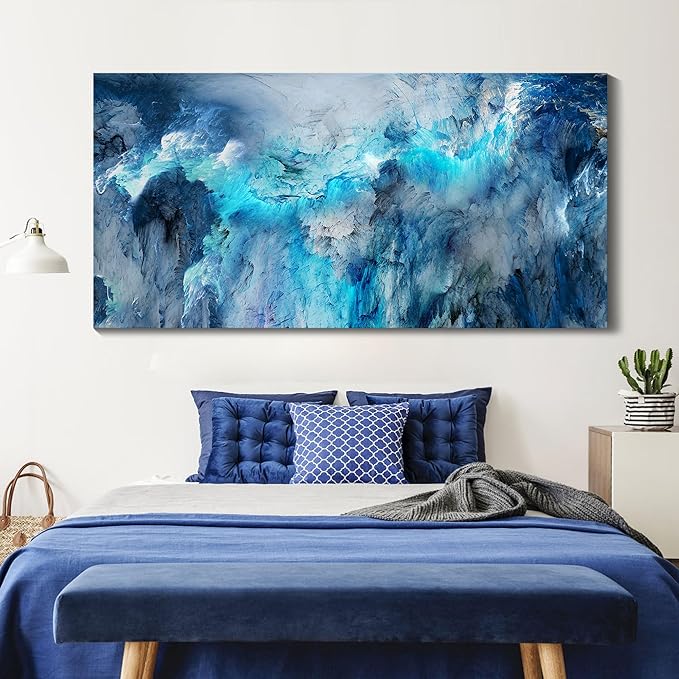 Mofutinpo Blue Abstract Canvas Wall Art | Modern Contemporary Painting for Living Room, Bedroom, and Office | Large Abstract Artwork | Ready-to-Hang Home Decorations | 29x58 Inches