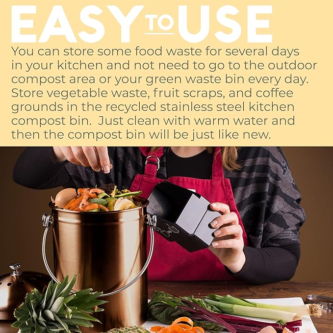 EPICA Countertop Compost Bin Kitchen | 1.3 Gallon | Odorless Composting Bin with Carbon Filters | Indoor Compost Bin with Lid | Stainless Steel Kitchen Composter for Food Scraps & Waste Recycling